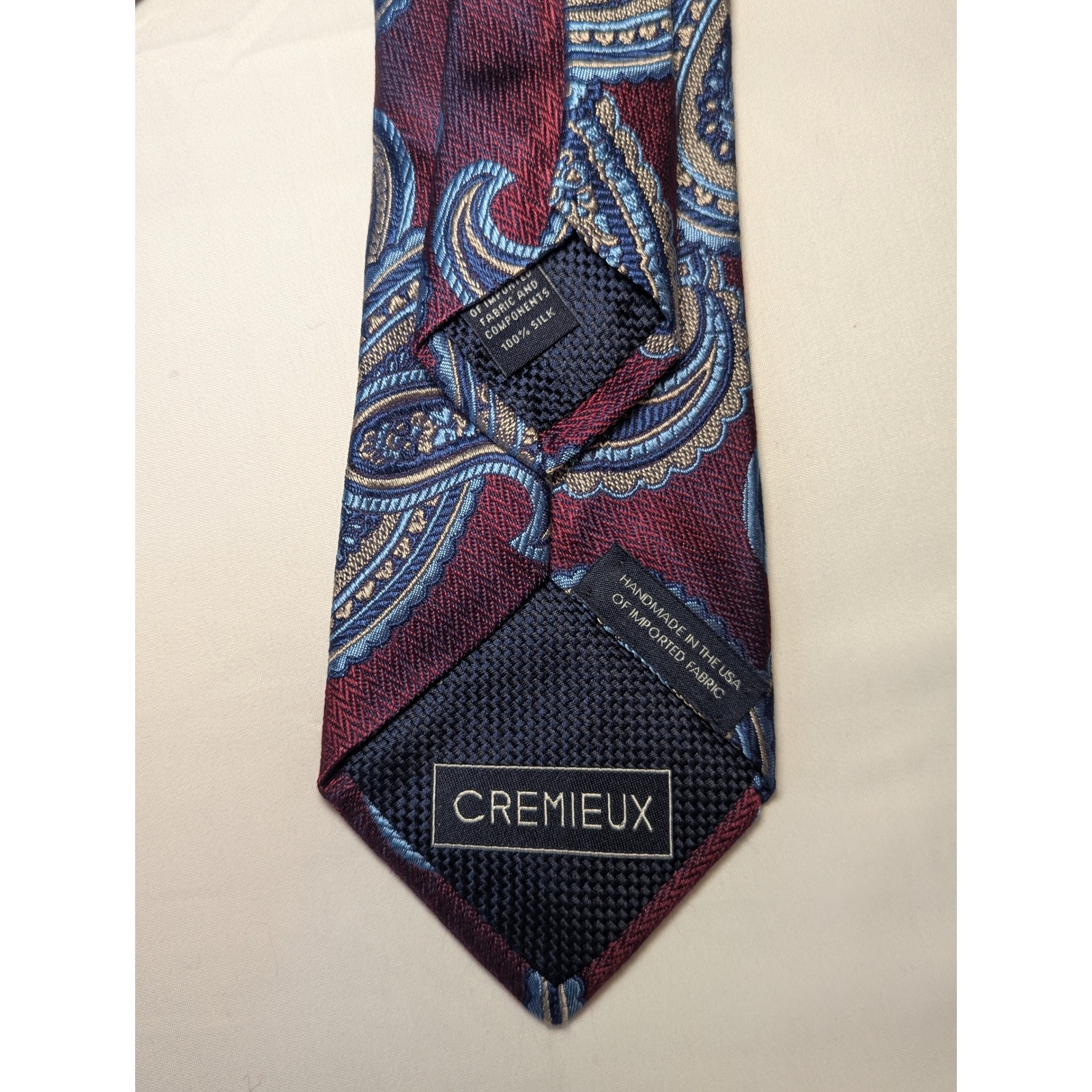 Cremieux Mens Silk Necktie Burgundy Blue Gold Paisley 3 Inch Width
